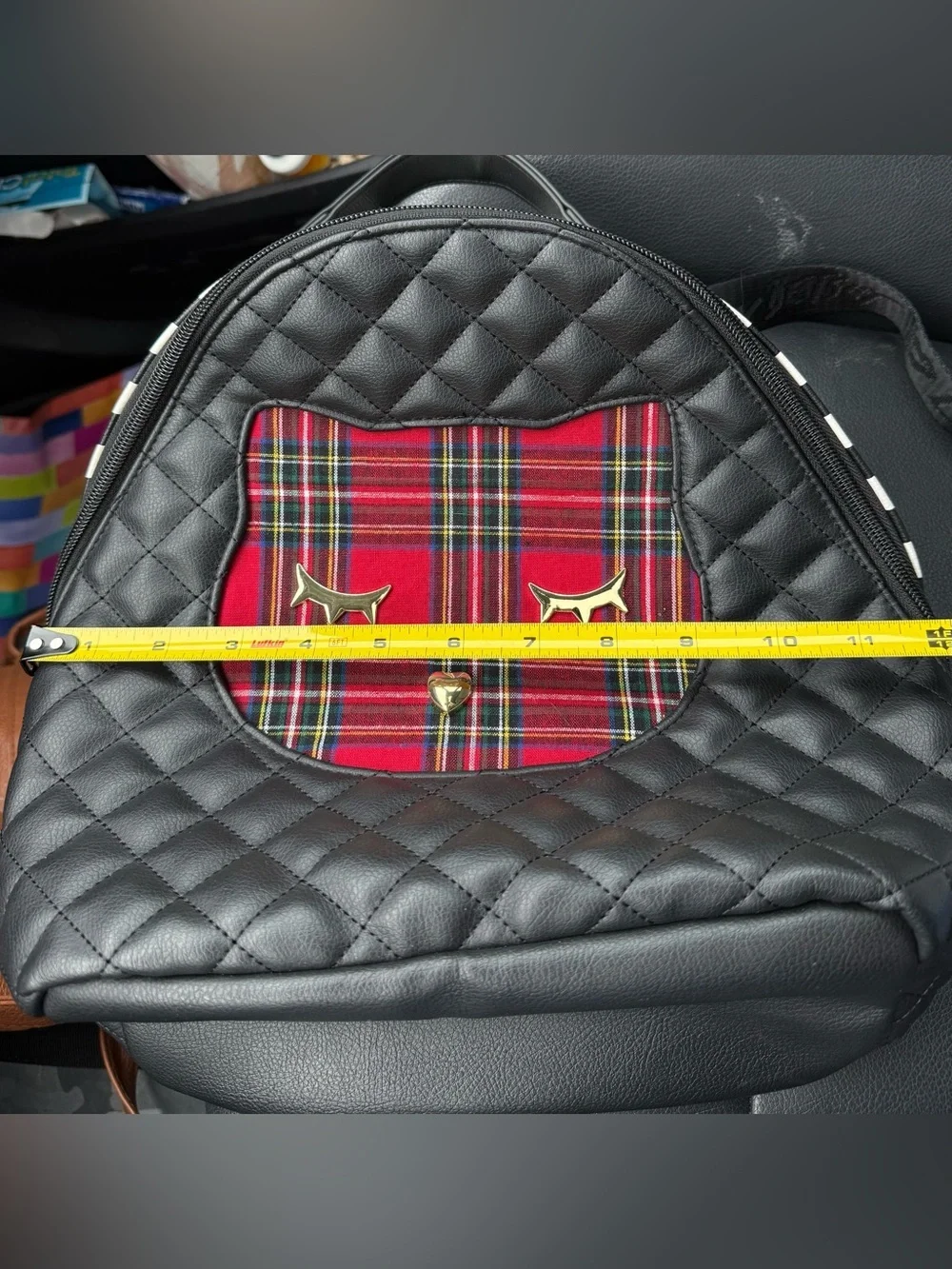 Betsey Johnson whimsical Quilted plaid cat Backpack Purse
